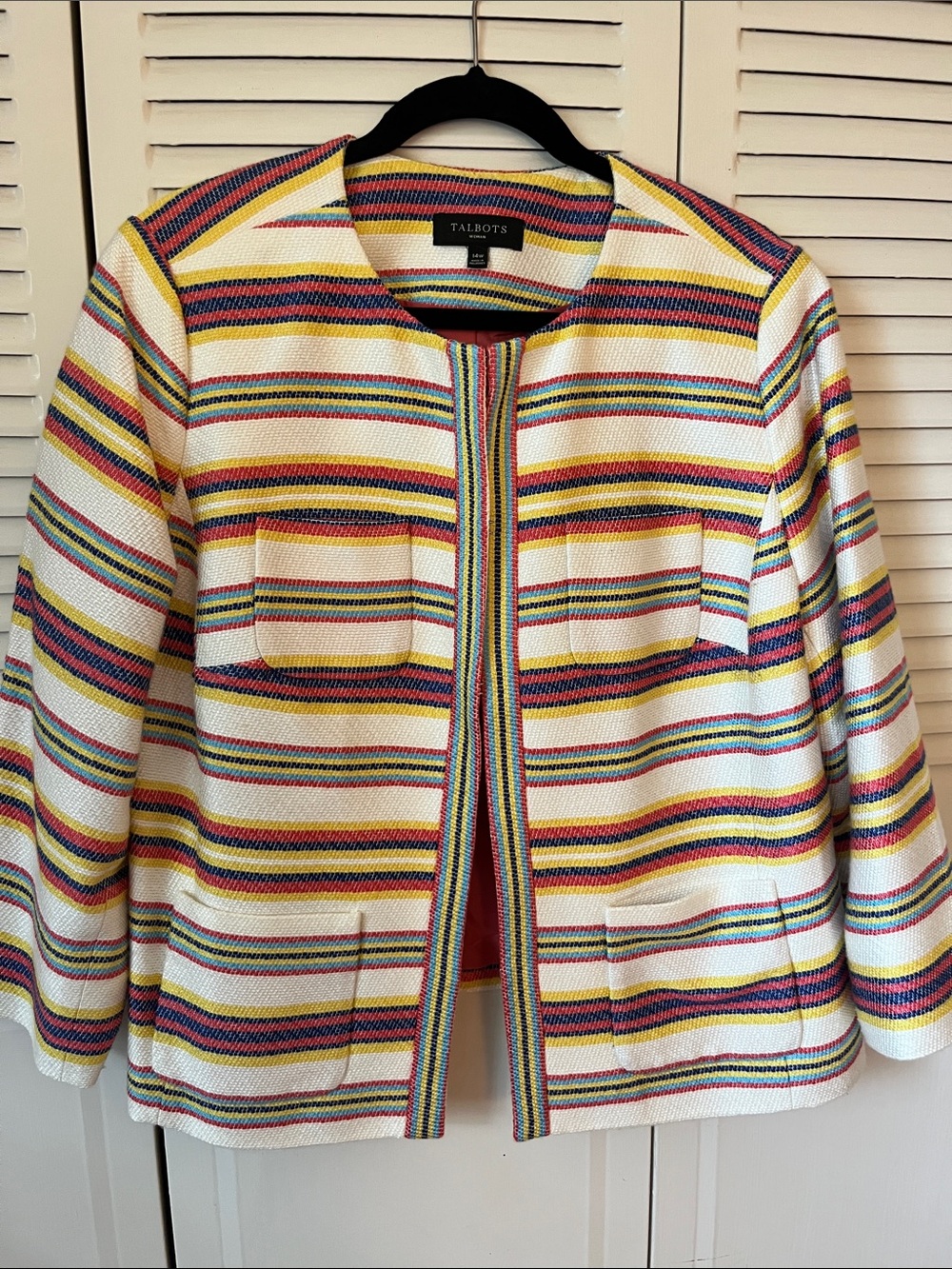 Talbots Cream Jacket with Multicolor Stripes, 3/4 Sleeves
